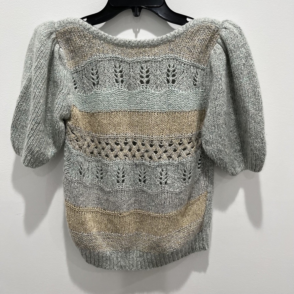 Reference Point Silk Angora Puff Sleeve Sweater Top Gray Tan Pointelle Knit L